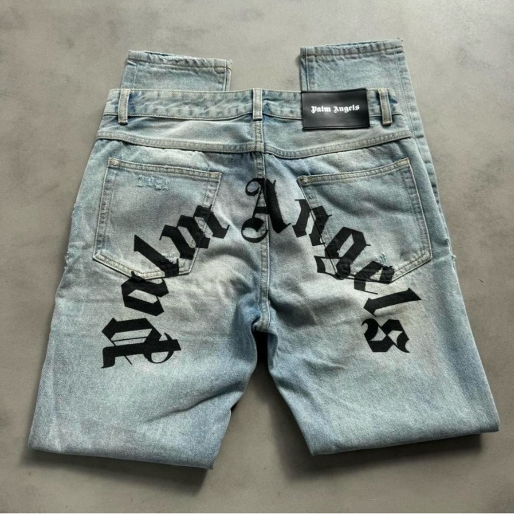 Palm Angels Blue Distressed Straight-Leg Jeans